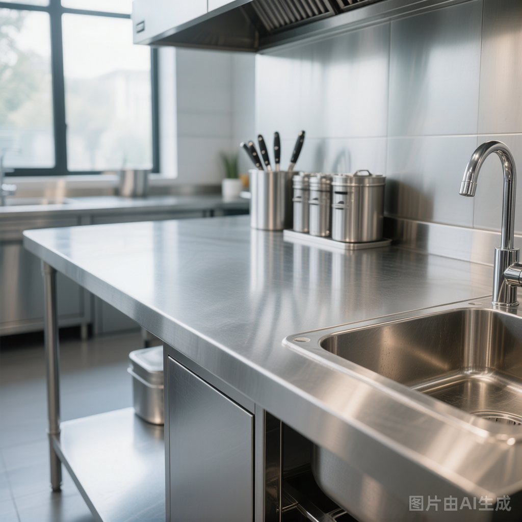304 stainless steel commercial kitchen equipment manufactured from SUS304 grade material, polished metal work surfaces