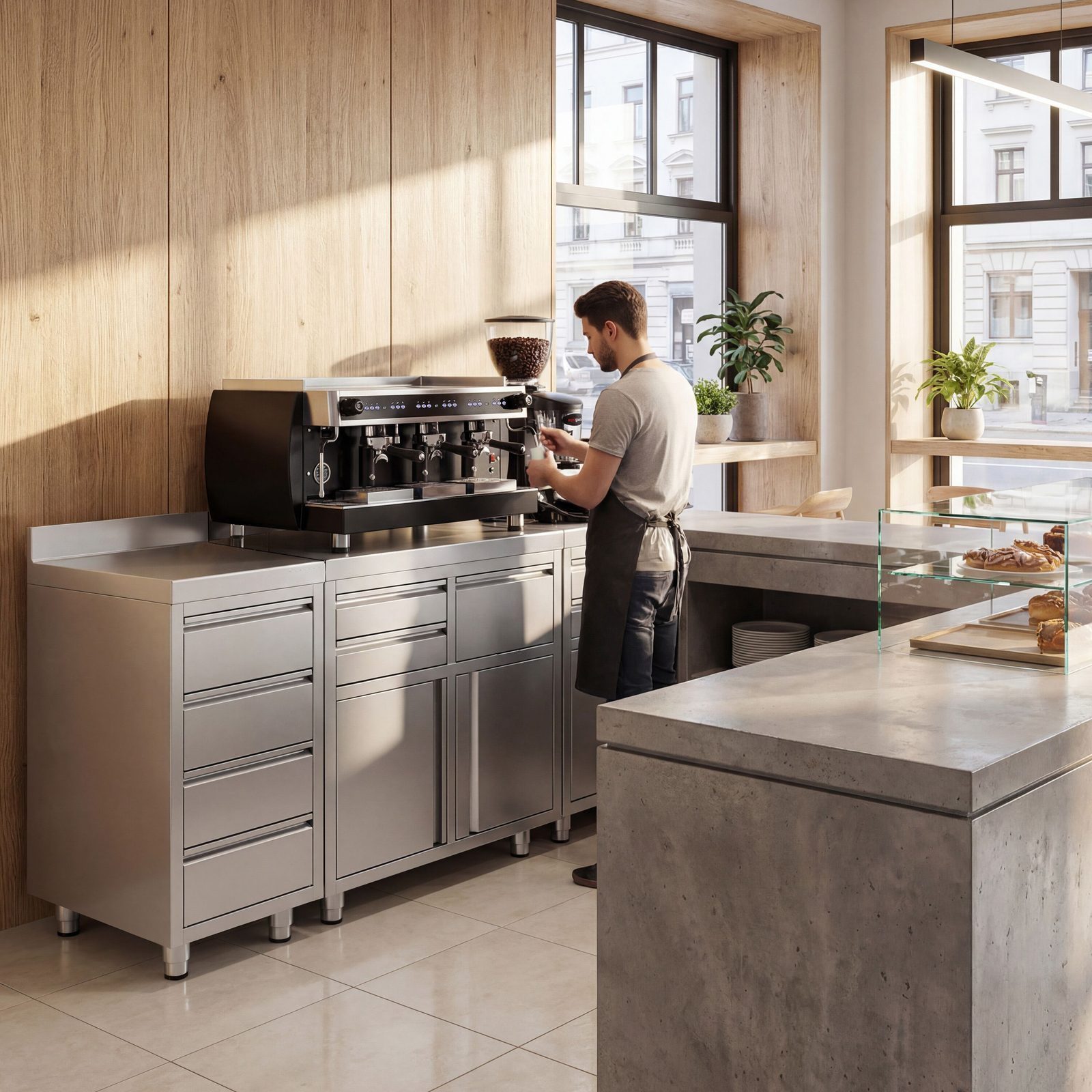 Stainless Steel Floor Cupboard - for coffee machine - 800x600mm - with 2 Drawers & Double Doors & Upstand