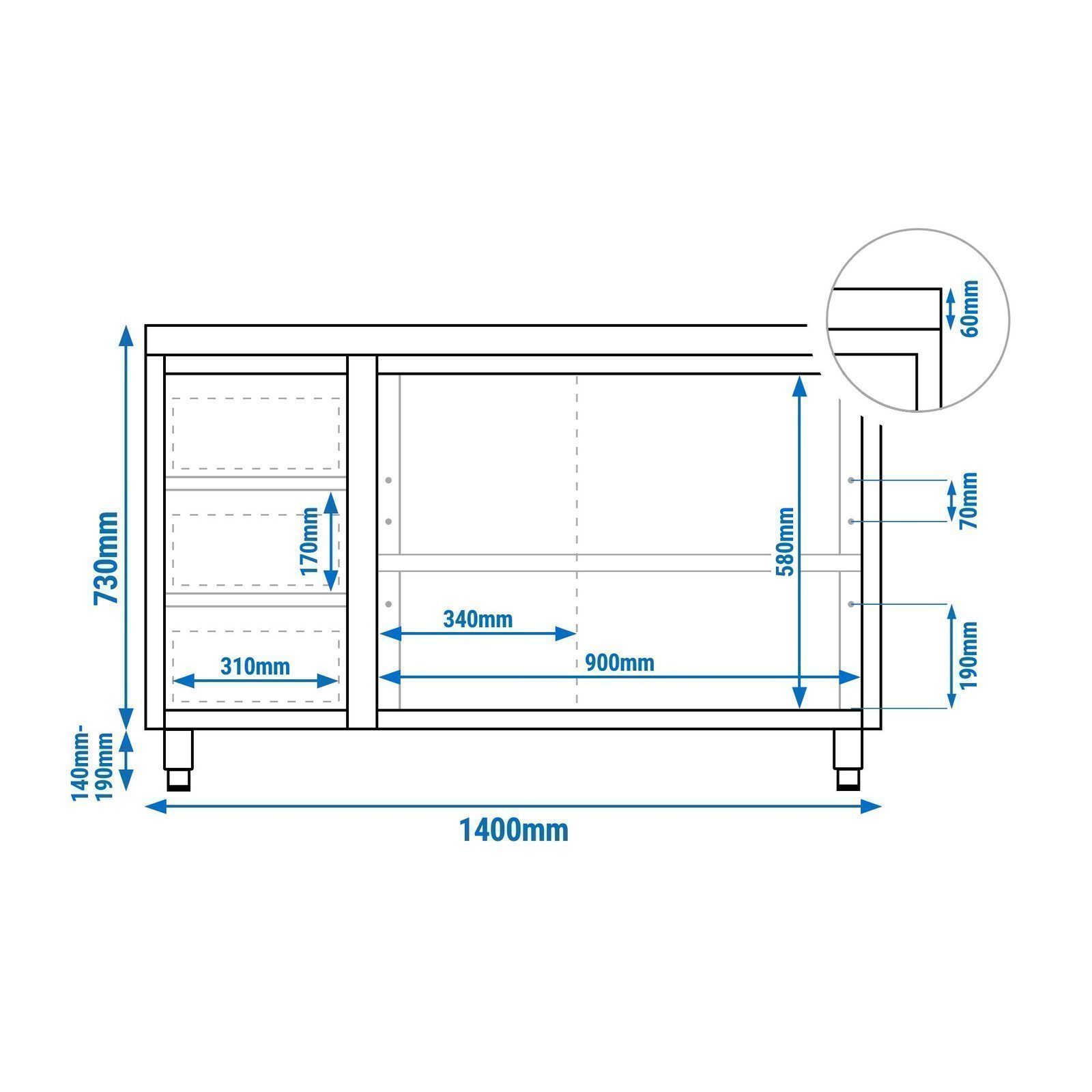 Stainless Steel Floor Cupboard PREMIUM - 1400x600mm - with Sliding Doors - with 3 Drawers left