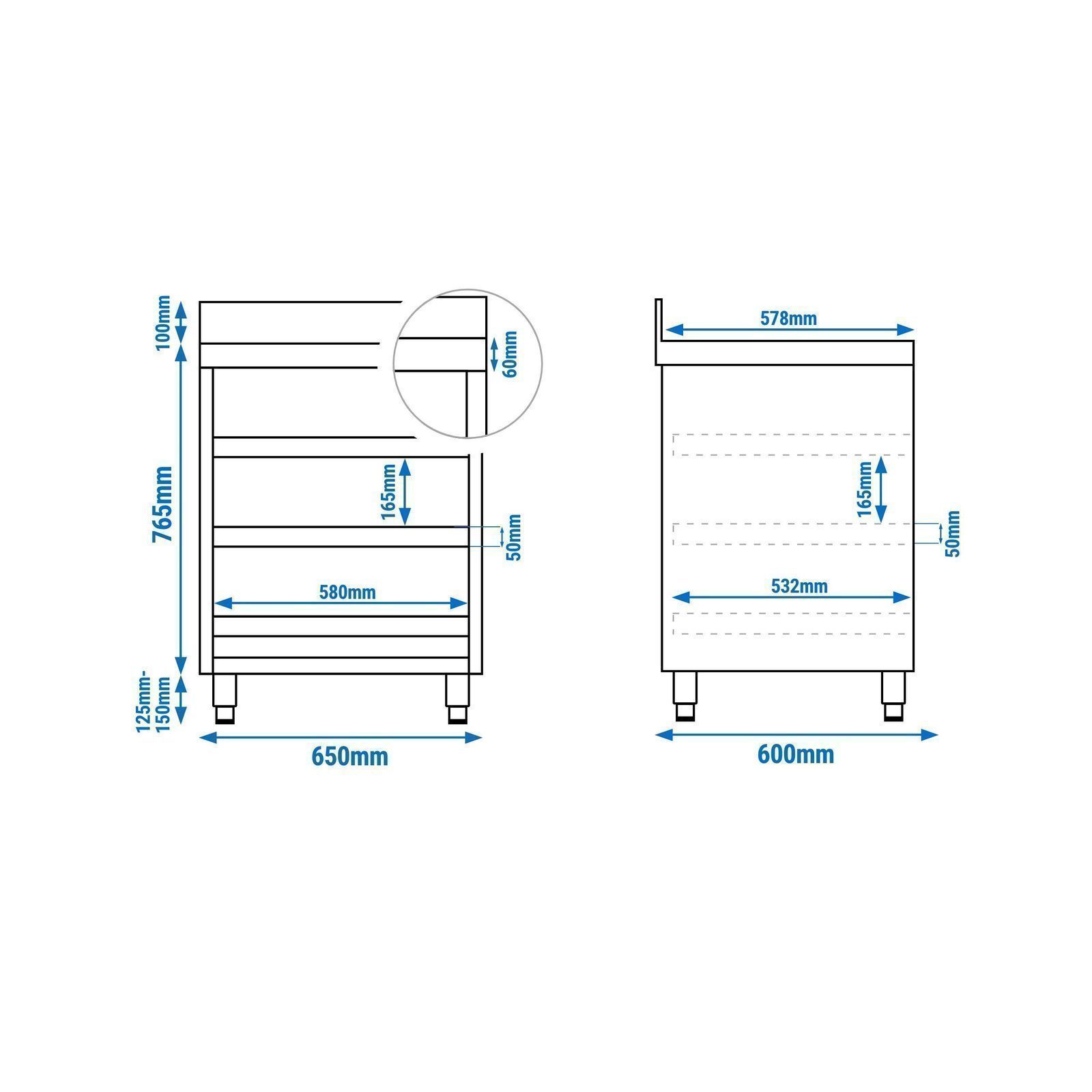 Stainless Steel Floor Cupboard 647x600mm - 3 Drawers & Upstand