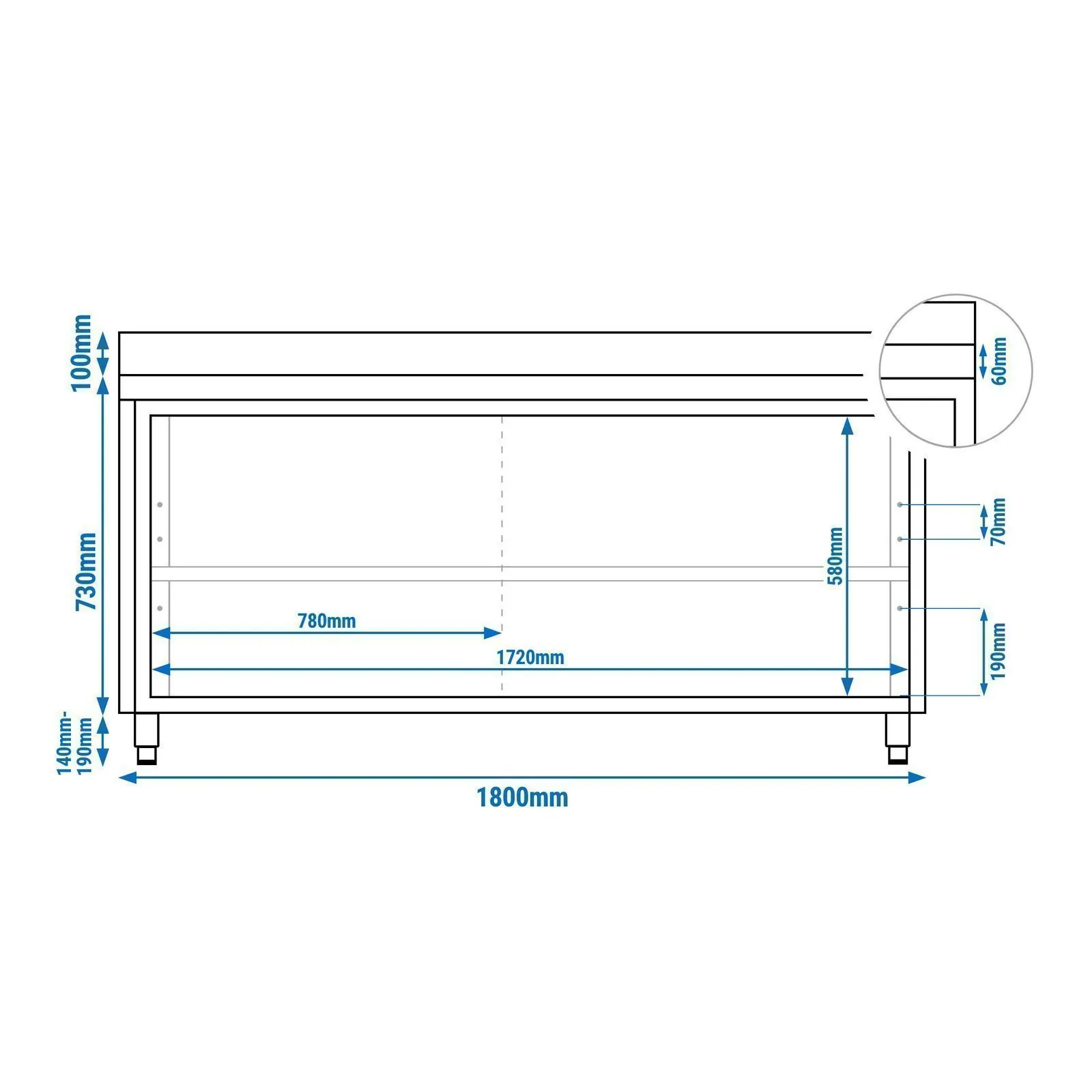 Stainless Steel Floor Cupboard PREMIUM - 1800x600mm - with Glass Sliding Doors & Upstand
