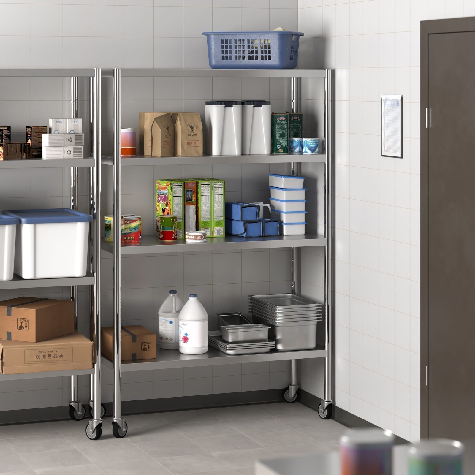 Stainless Steel Shelving Unit PREMIUM - 1000x500mm - with 4 shelves (ADJUSTABLE) - incl. 4 wheels